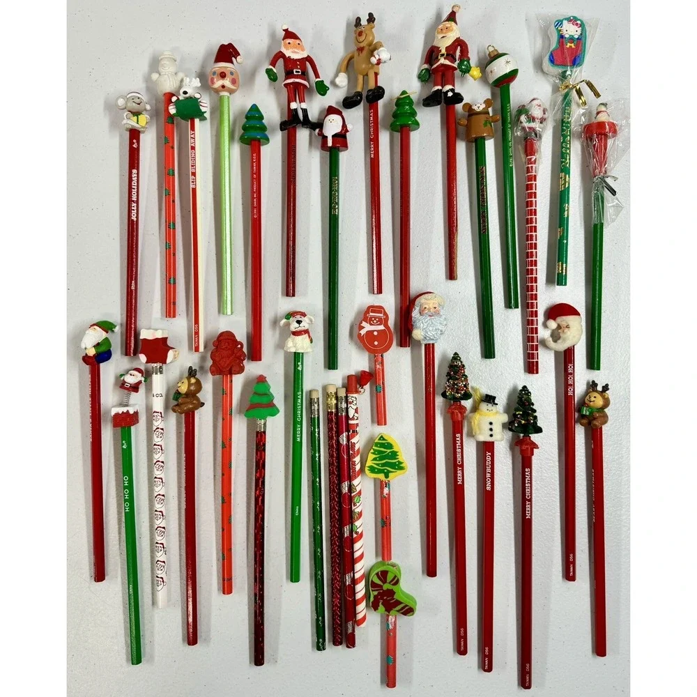 *NEW* Lot 35 Vintage Wood Christmas Pencils Toppers Russ Dakin Hello Kitty